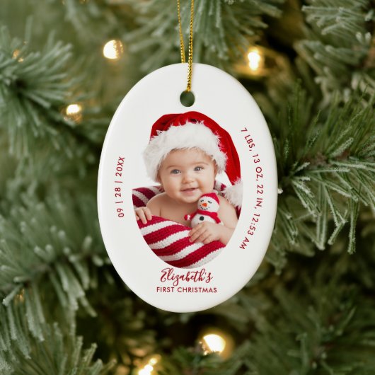 Baby First Christmas Birth Stats Name Minimal Red Keramisch Ornament (Boom)