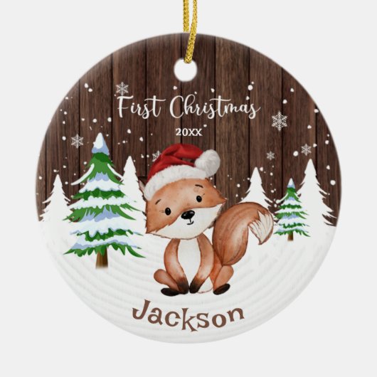 Baby First Christmas Boy's Fox Gepersonaliseerd Keramisch Ornament (Voorkant)