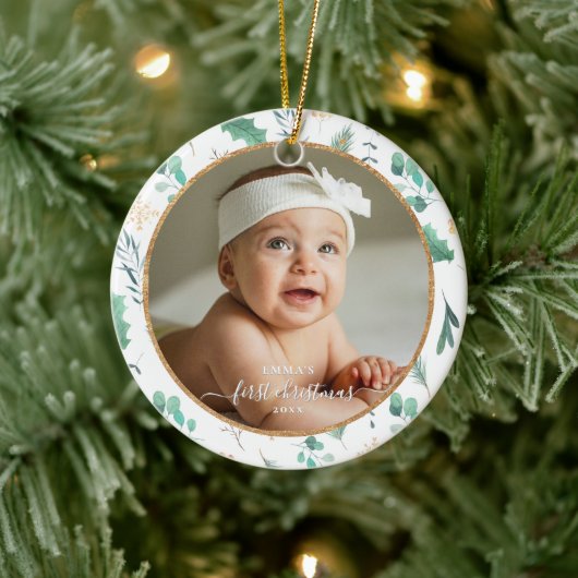 Baby First Christmas Custom Photo Watercolor Keramisch Ornament (Boom)