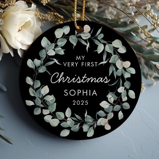 Baby First Christmas Eucalyptus Wreath Black Keramisch Ornament
