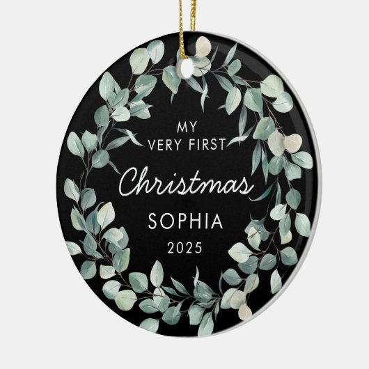 Baby First Christmas Eucalyptus Wreath Black Keramisch Ornament (Links)