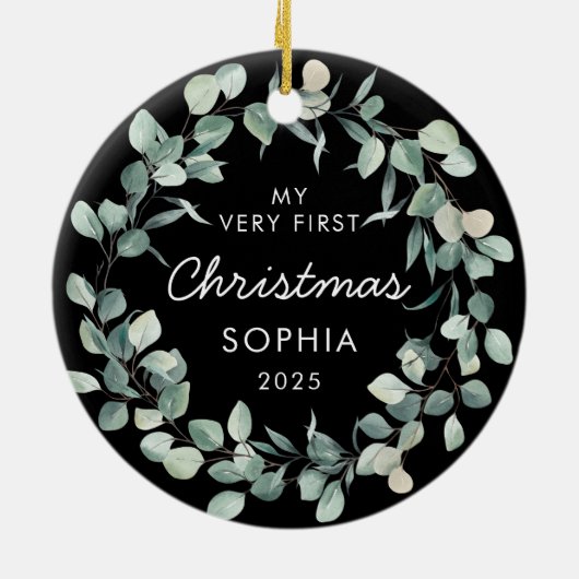 Baby First Christmas Eucalyptus Wreath Black Keramisch Ornament (Achterkant)