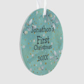 Baby First Christmas Leaves Naam Foto Jaar Blauwgr Ornament (voorkant)