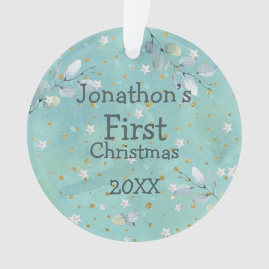 Baby First Christmas Leaves Naam Foto Jaar Blauwgr Ornament (voorkant)