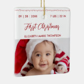 Baby First Christmas Name Birth Stats Calligraphy  Keramisch Ornament (Rechts)