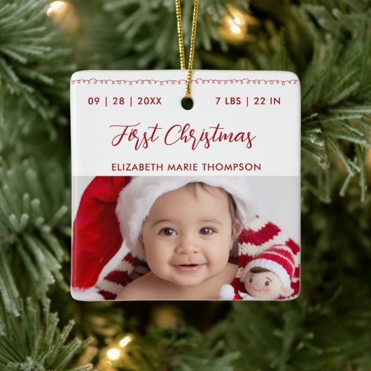 Baby First Christmas Name Birth Stats Calligraphy  Keramisch Ornament (Boom)