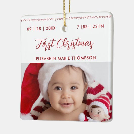 Baby First Christmas Name Birth Stats Calligraphy Keramisch Ornament (Links)