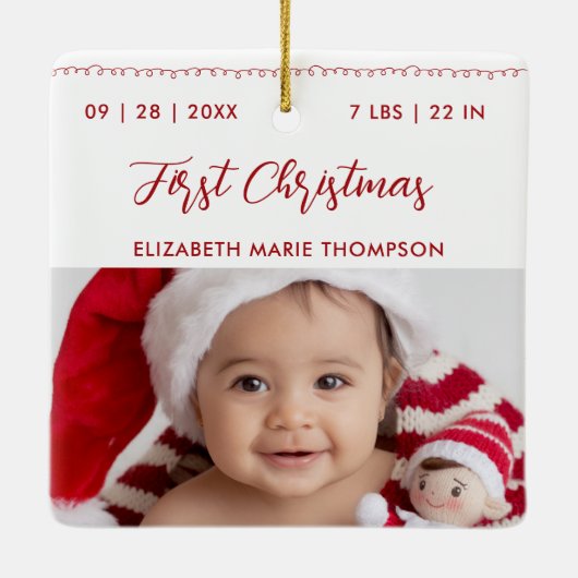 Baby First Christmas Name Birth Stats Calligraphy  Keramisch Ornament (Achterkant)