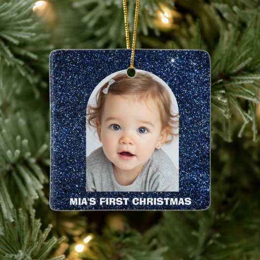Baby First Christmas Photo Blue Glitter Ornament (Boom)