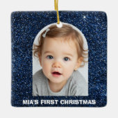 Baby First Christmas Photo Blue Glitter Ornament (Voorkant)