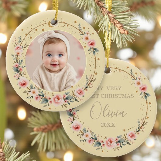 Baby First Christmas Photo Gold Celestial Stars Keramisch Ornament