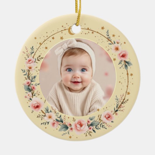 Baby First Christmas Photo Gold Celestial Stars Keramisch Ornament (Voorkant)