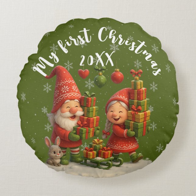 Baby First Christmas Pillow - Cute Holiday Gnomes Rond Kussen (Voorkant)