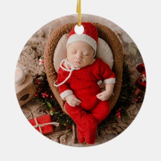Baby First Christmas Red Photo Keepsake Keramisch Ornament (Achterkant)