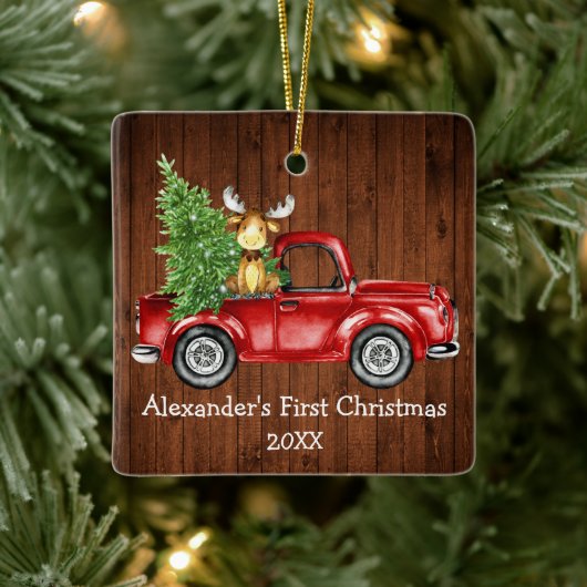 Baby First Christmas Red Truck Moose Rustic Keramisch Ornament (Boom)