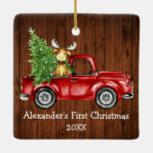 Baby First Christmas Red Truck Moose Rustic Keramisch Ornament (Achterkant)