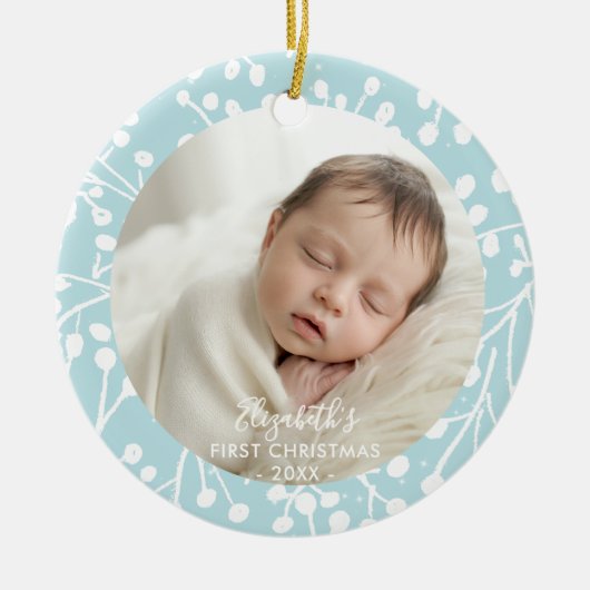 Baby First Christmas Winter Botanical Berries Blue Keramisch Ornament (Voorkant)