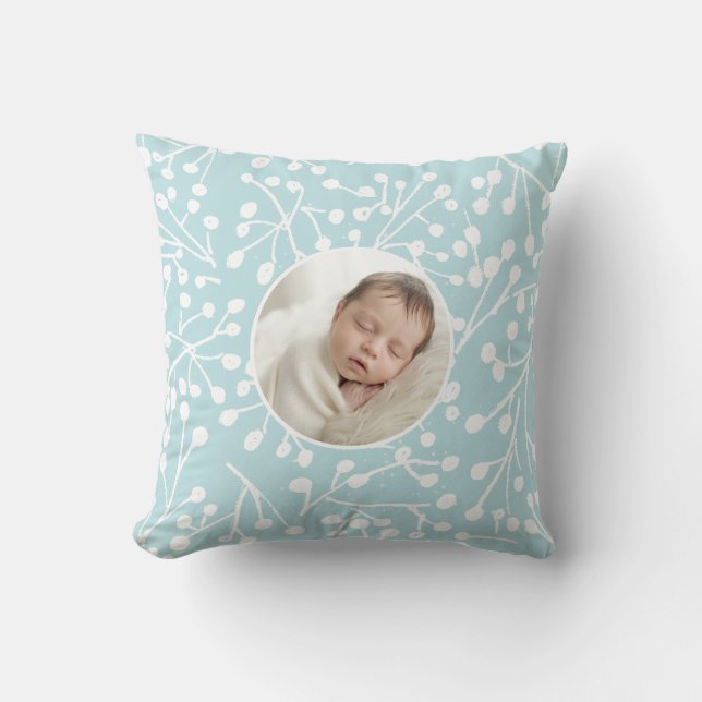 Baby First Christmas Winter Botanical Minimal Blue Kussen (Voorkant)
