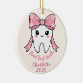 Baby First Tooth Pink Bow Milestone Kawaii Tooth Keramisch Ornament (Rechts)