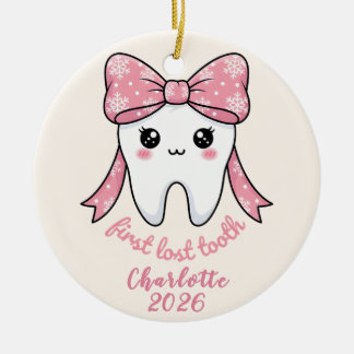 Baby First Tooth Pink Bow Milestone Kawaii Tooth Keramisch Ornament