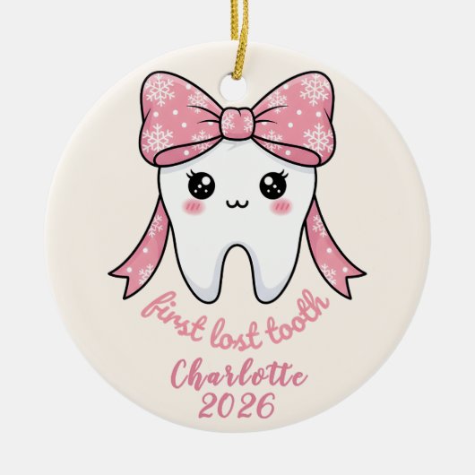 Baby First Tooth Pink Bow Milestone Kawaii Tooth Keramisch Ornament (Voorkant)