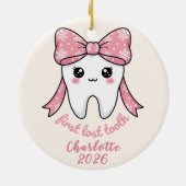 Baby First Tooth Pink Bow Milestone Kawaii Tooth Keramisch Ornament (Achterkant)
