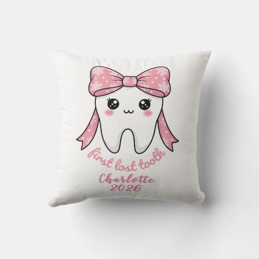 Baby First Tooth Pink Bow Milestone Kawaii Tooth Kussen (Achterkant)