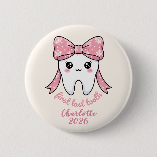 Baby First Tooth Pink Bow Milestone Kawaii Tooth Ronde Button 5,7 Cm (Voorkant)