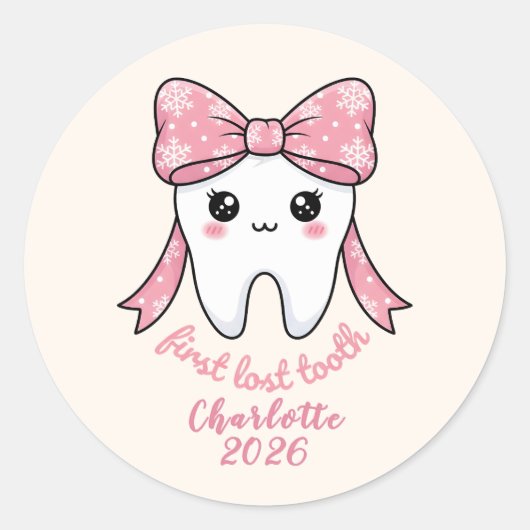 Baby First Tooth Pink Bow Milestone Kawaii Tooth Ronde Sticker (Voorkant)