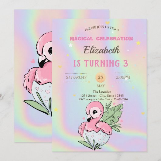 Baby Flamingo, Holografische Verjaardag Kaart (Voorkant / Achterkant)