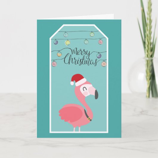 Baby flamingo met kerstmuts en kerstverlichting feestdagen kaart (Voorkant)