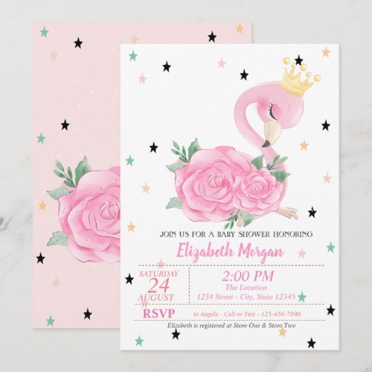 Baby Flamingo, Sterren, Princess Baby Shower Kaart (Voorkant / Achterkant)