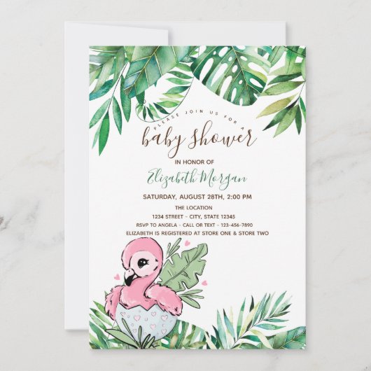 Baby Flamingo Tropical Leaves Baby shower Kaart (Voorkant)