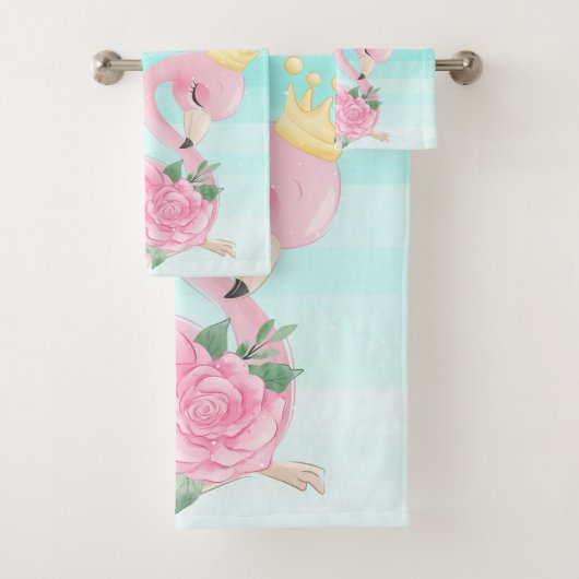 Baby Flamingo Waterverf Stripes, Flowers Bad Handdoek (Insitu)