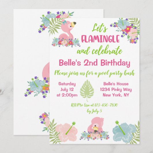 Baby Flamingo Zomer Verjaardagsfeestuitnodiging Kaart (Voorkant / Achterkant)