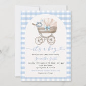 Baby Fles Carriage Blue Gingham Baby shower Kaart (Voorkant)