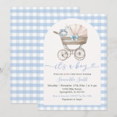 Baby Fles Carriage Blue Gingham Baby shower Kaart (Voorkant / Achterkant)
