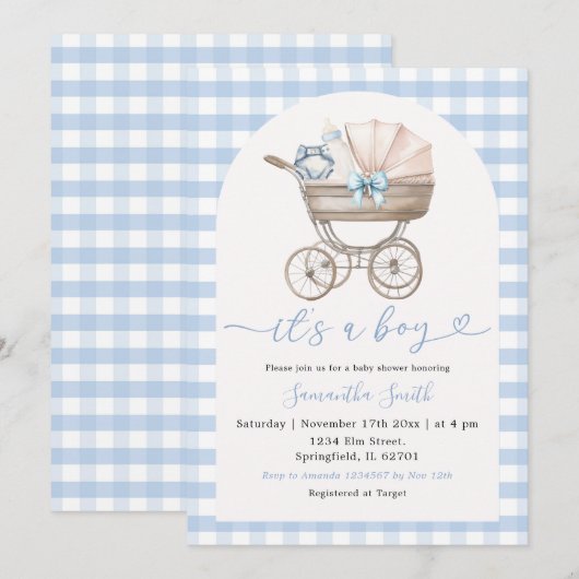 Baby Fles Carriage Blue Gingham Baby shower Kaart (Voorkant / Achterkant)