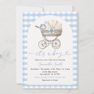 Baby Fles Carriage Blue Gingham Baby shower Kaart