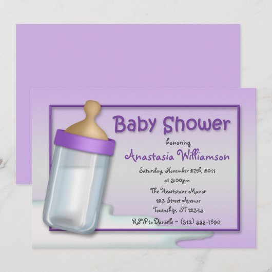 Baby Fles Paars Baby Shower Invitaties Kaart (Voorkant / Achterkant)