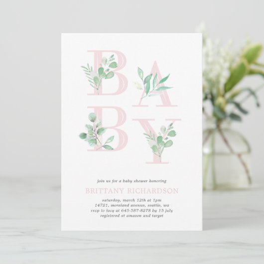 Baby Foliage baby shower invite_Pink Kaart (Staand voorkant)