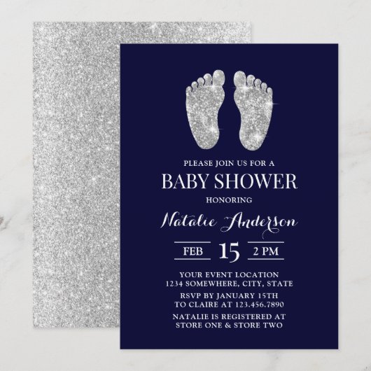 Baby Foot Modern Navy Silver Glitter Baby shower Kaart (Voorkant / Achterkant)
