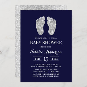 Baby Foot Modern Navy Silver Glitter Baby shower Kaart