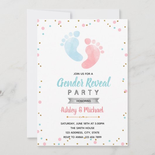 Baby Footprint Gender Reveal Party Kaart (Voorkant)
