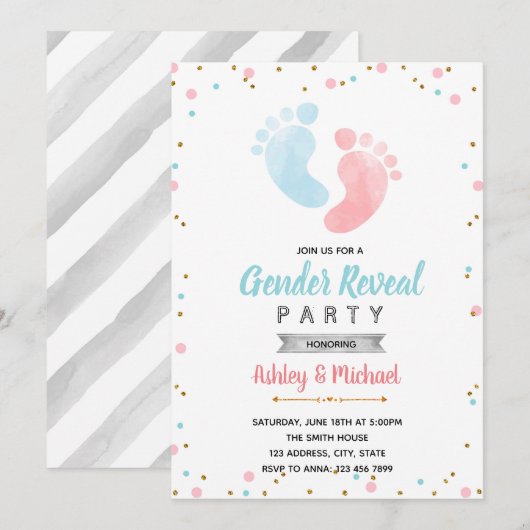 Baby Footprint Gender Reveal Party Kaart (Voorkant / Achterkant)