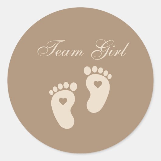 Baby Footprints Team Girl Brown Genderonthulling Ronde Sticker (Voorkant)