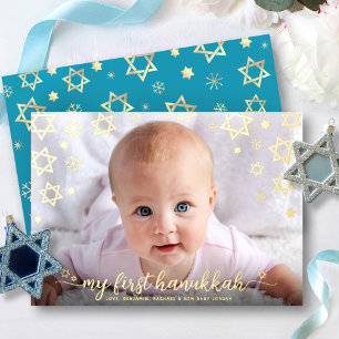 Baby Foto 1e Hanukkah Ster van David Echt Goud Folie Feestdagenkaart
