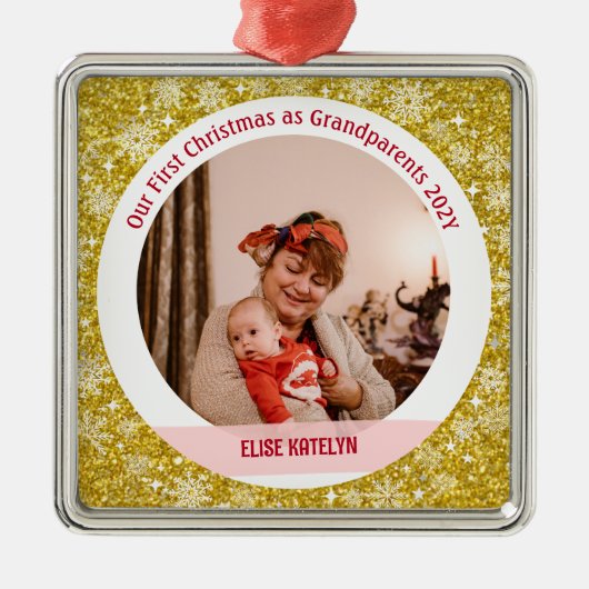 Baby Foto 1e Kerstmis als grootouders Golden Metalen Ornament (Voorkant)