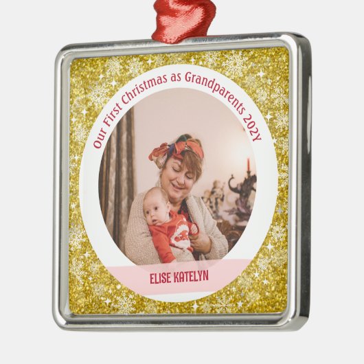 Baby Foto 1e Kerstmis als grootouders Golden Metalen Ornament (Links)