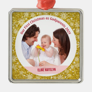 Baby Foto 1e Kerstmis als peetouders Golden Metalen Ornament